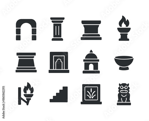 Ancient Temples Icons. Ancient temples. Solid icon set of Ancient temples: stone arch, pillar, altar, sacred flame, statue base, carved doorway, domed shrine,