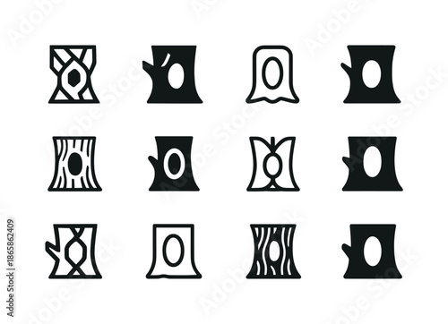 Hollow Tree Logo Variations. Trunk. Icon set. Set Logo of Trunk: hollow tree cavity. harmonious logo variations of the same emblematic concept, each with