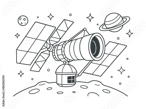 Space Telescope Coloring Fun. Future observatory concepts children?s coloring book illustration, outlined drawing, imaginative fold-out space telescope with