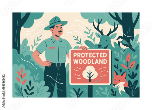 Woodland Guardian. Habitat protection. Ranger standing beside a protected woodland sign; animals peeking from foliage. Soft motion lines showing renewed life.