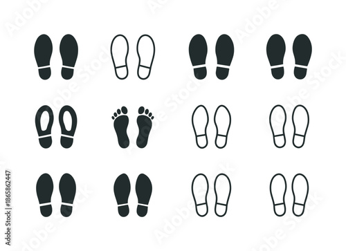 Footprint Icon Variations. Floor decals for checkout line. Icon set. Set Logo of floor decals for checkout line: footprint pair. harmonious logo variations of
