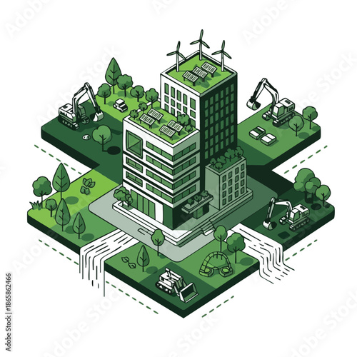 Sustainable building with green roof and wind turbines.