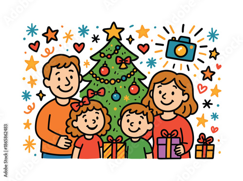 Festive Family Christmas Scene. Festive Tree Family Shot. Colorful Hand-drawn doodle Children illustration Christmas tree, camera flash, smiling faces,
