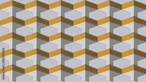 Abstract geometric pattern with 3D optical illusion featuring interlocking hexagons and zigzag shapes in grey and mustard yellow.