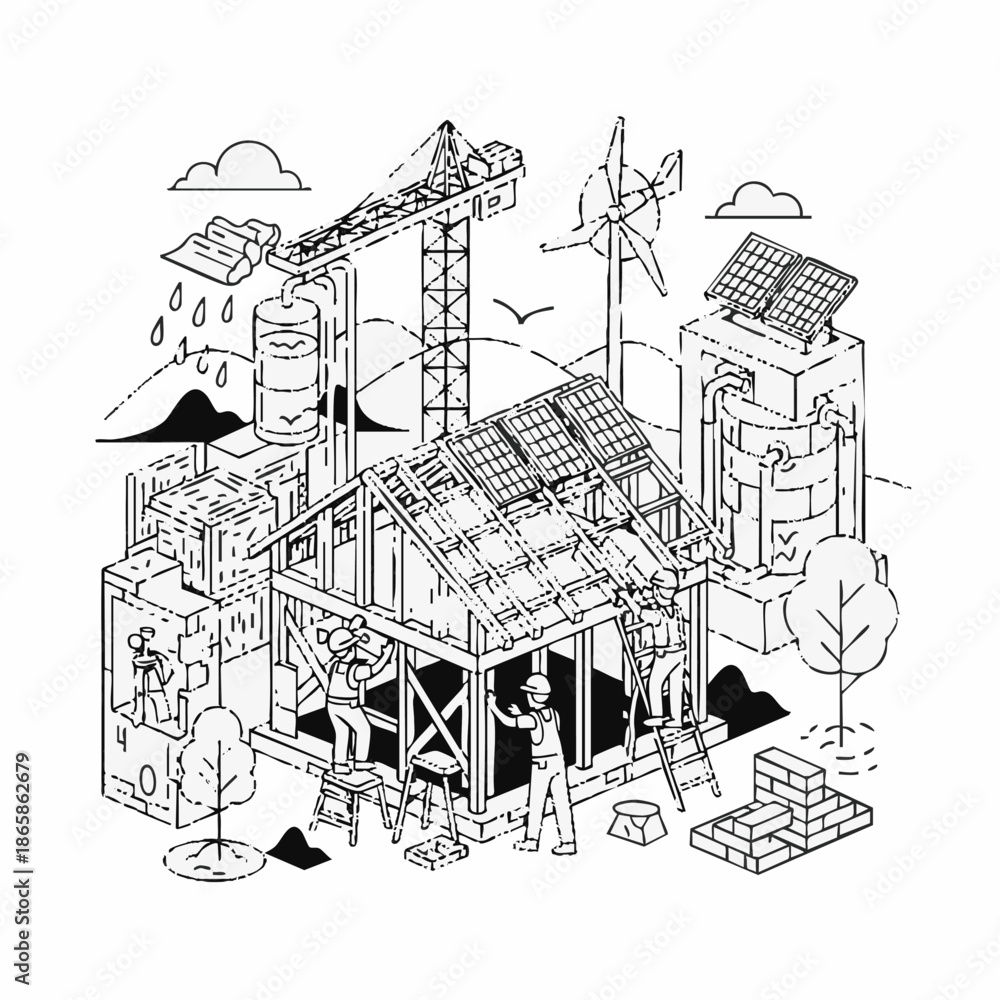 Obraz premium Sustainable construction site with renewable energy.