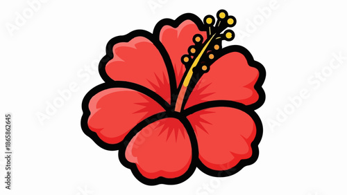 A stylized red hibiscus flower with a yellow pistil and stamens