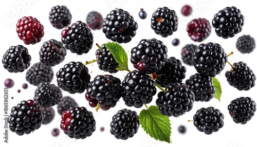 A scattering of plump, juicy blackberries with vibrant green leaves