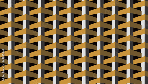 Abstract geometric pattern with interlocking gold, white, and black shapes creating a woven 3D optical illusion.