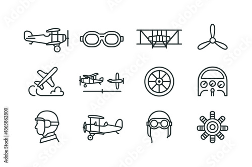 Vintage Aviation Icons. Airplane. Line icon set of Airplane: vintage airplane, early aviation goggles, Wright brothers flyer, biplane propeller, airshow icon,