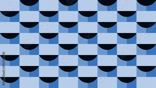 Abstract geometric pattern with alternating blue squares and black half-moon shapes creating a rhythmic visual design.