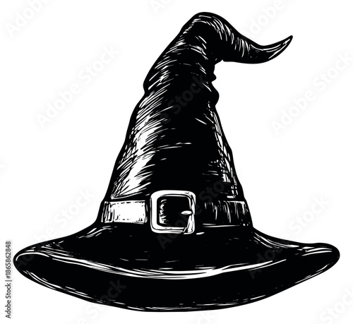 Hand drawn line art illustration of a witch hat depicting a classic pointy design for Halloween celebration