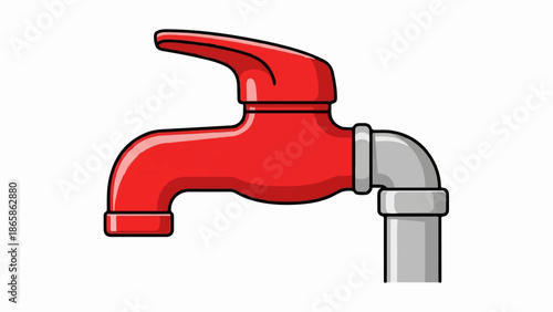 A stylized red water faucet with a silver pipe attached