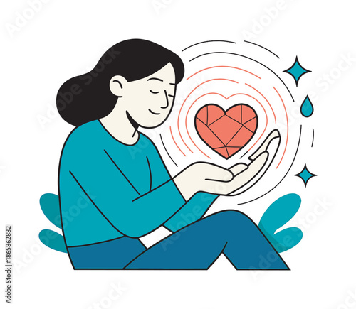 Healing Geometric Heart. Heart Healing Moment. Hands cup a glowing geometric heart as soft lines pulse outward in a rhythmic pattern. Floating droplets and