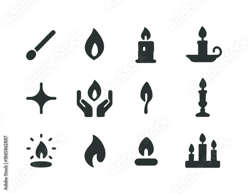 Candle Ritual Icons. Candle Lighting Rituals. Solid icon set of Candle Lighting Rituals: matchstick, candle flame, wax candle, candle tray, spark icon, hands