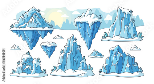 Collection of pixel art icebergs mountains and snowflake shapes in cool tones