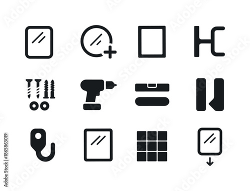 Bathroom Mirror Installation Icons. Adding a new mirror in the bathroom. Solid icon set of adding a new mirror in the bathroom: wall mirror, round mirror,