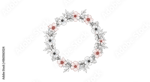 Delicate hand-drawn floral wreath featuring pink anemones and green leaves in a rustic vintage style isolated on white.