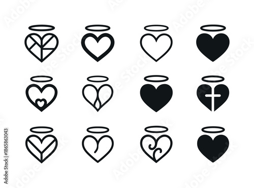 Catholic Charities Icon Set. Catholic charities. Icon set. Set Logo of Catholic charities: heart with halo. harmonious logo variations of the same emblematic