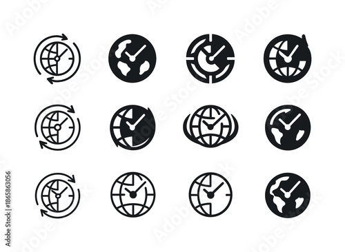 Earth Rotation Logos. Earth's rotation. Icon set. Set Logo of earth's rotation: Earth clock-style rotation. harmonious logo variations of the same emblematic