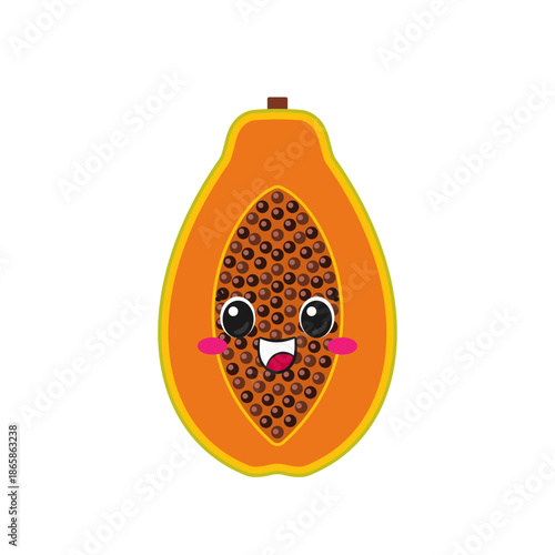 Cartoon papaya, cute tropical fruit, fun character, emotions joy delight, big eyes, happy smiling face, kawaii style, icon vector illustration.