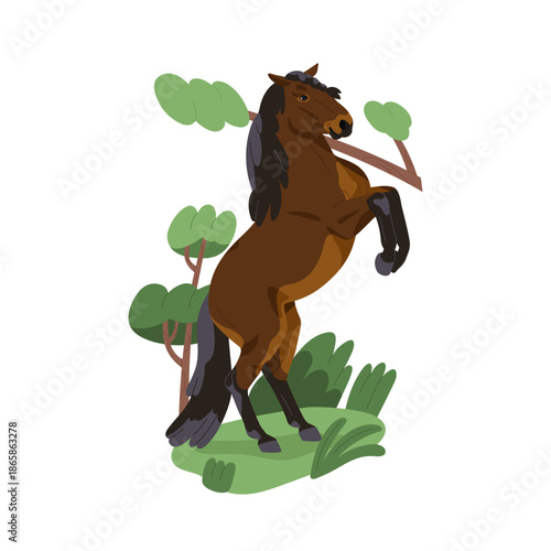 Pony rearing up, standing in upright pose in nature, outdoors. Dwarf horse on hind legs. Thoroughbred foal in dynamic position in countryside. Flat vector illustration isolated on white background