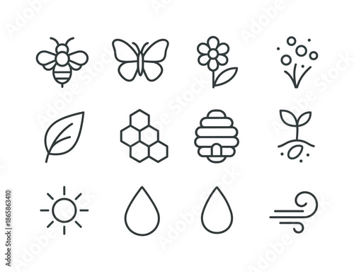 Pollination Icons Grid. Pollination. Line icon set of Pollination: bee, butterfly, flower, pollen, leaf, honeycomb, hive, seed, plant, sun, droplet, wind