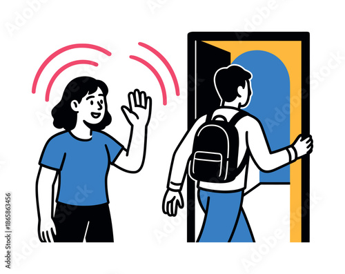 New Beginnings. Friendships and life transitions ? first day, new place. A person walks into a bright space as a friend waves goodbye; glowing arcs suggest