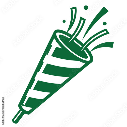 Green striped party horn with explosion of lines and dots on white background
