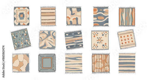 An arrangement of colorful patterned rugs in a grid like display