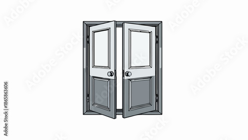 Open double doors with panels and knobs in a frame