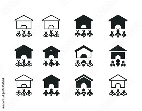 Beekeeping Icon Set. Beekeeping and Pollination. Icon set. Set Logo of Beekeeping and Pollination: hive entrance with bees. harmonious logo variations of the