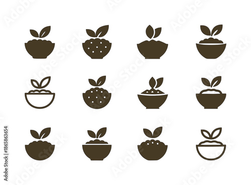 Charoset Logo Variations. Charoset Mixture. Icon set. Set Logo of Charoset Mixture: bowl with leaf garnish representing freshness. harmonious logo variations