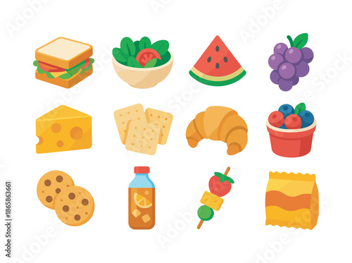 Colorful Picnic Icons. Picnic foods. Colorful flat vector icons set of picnic foods: sandwich, salad bowl, watermelon slice, grapes bunch, cheese block,