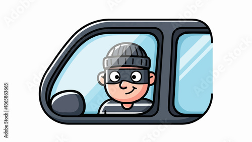 Cartoon burglar wearing a mask and hat peeking from a car window