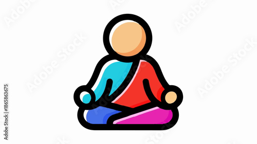 Stylized figure meditates cross-legged in vibrant robes