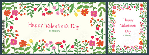 Romantic Valentine's Day vector banner and card set with elegant floral hearts, red balloons, and soft pastel backgrounds. Trendy holiday template for seasonal retail sales and social media marketing.