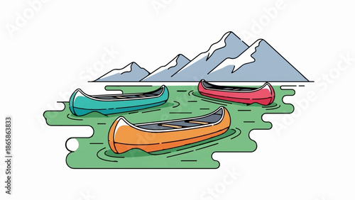 Three colorful canoes drift on a green lake, with snow-capped mountains in the background