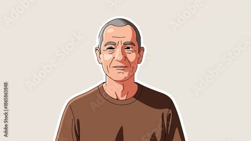 Portrait of an older man with short grey hair and a serious expression, wearing a brown shirt