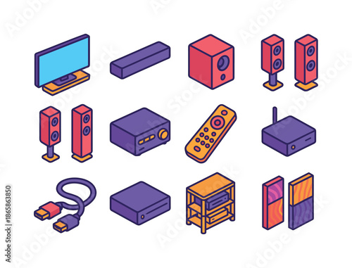 Colorful Home Theater Icons. home theater system. Colorful isometric vector icons set of home theater system: TV screen, soundbar, subwoofer, front speakers,