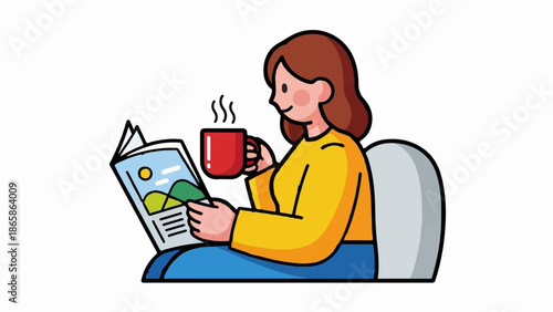 Person reading a magazine and drinking a hot beverage, relaxed