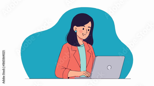 Smiling woman in coral blazer working on a laptop