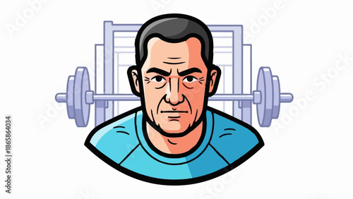 Determined man in blue shirt with barbell and weight rack