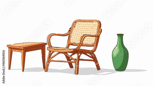 A wooden chair and table stand beside a green vase on a white background