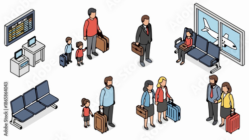 Isometric illustration of an airport scene with people, luggage, and information displays