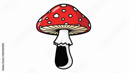 A cartoon-style illustration of a red mushroom with white spots and a black stem