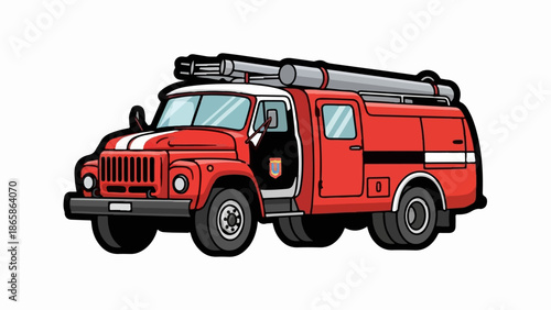 Red fire truck with ladders on top and open door, isolated