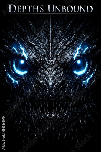 A menacing reptilian creature with glowing blue eyes stares from the shadows in Depths Unbound.