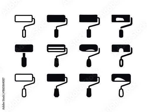 Paint Roller Logos. Paint roller. Icon set. Set Logo of paint roller: classic roller tool. harmonious logo variations of the same emblematic concept, each with