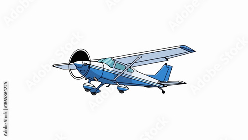 A stylized, blue and white propeller plane is depicted mid-flight