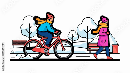 People enjoying winter park activities, cycling and walking amongst snow-dusted trees and benches